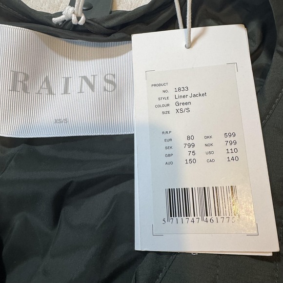 Rains Jacket Unisex XS/S Green Liner Quilted Lightweight Zip Front Layer - Picture 6 of 9